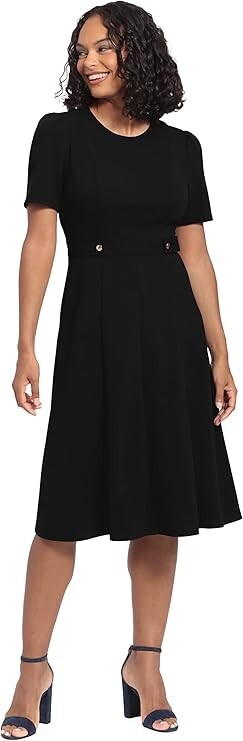 London Times Puff-Sleeve Tab-Detail Fit & Flare A-Line Dress Women's 18W Black