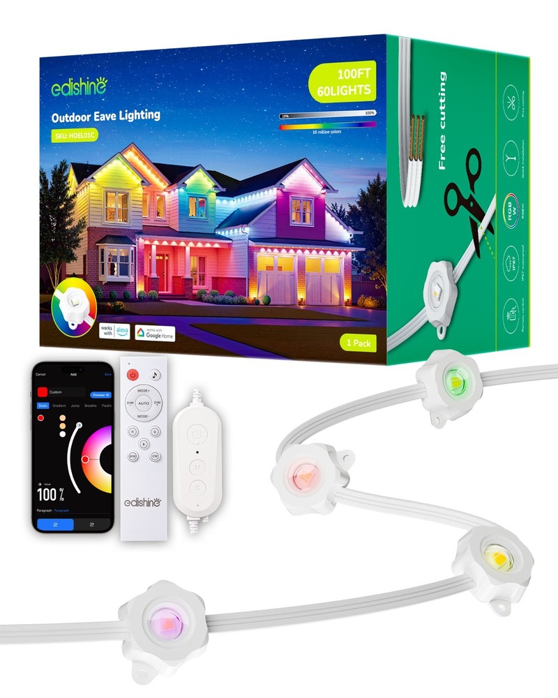 EDISHINE 100FT Permanent Outdoor Lights Smart RGBW App Voice Control Alexa