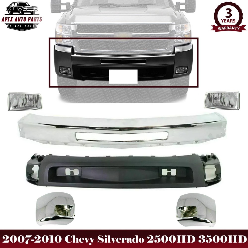 Front Bumper Chrome + Ends + Valance For 2007-2010 Chevy Silverado 2500HD 3500HD
