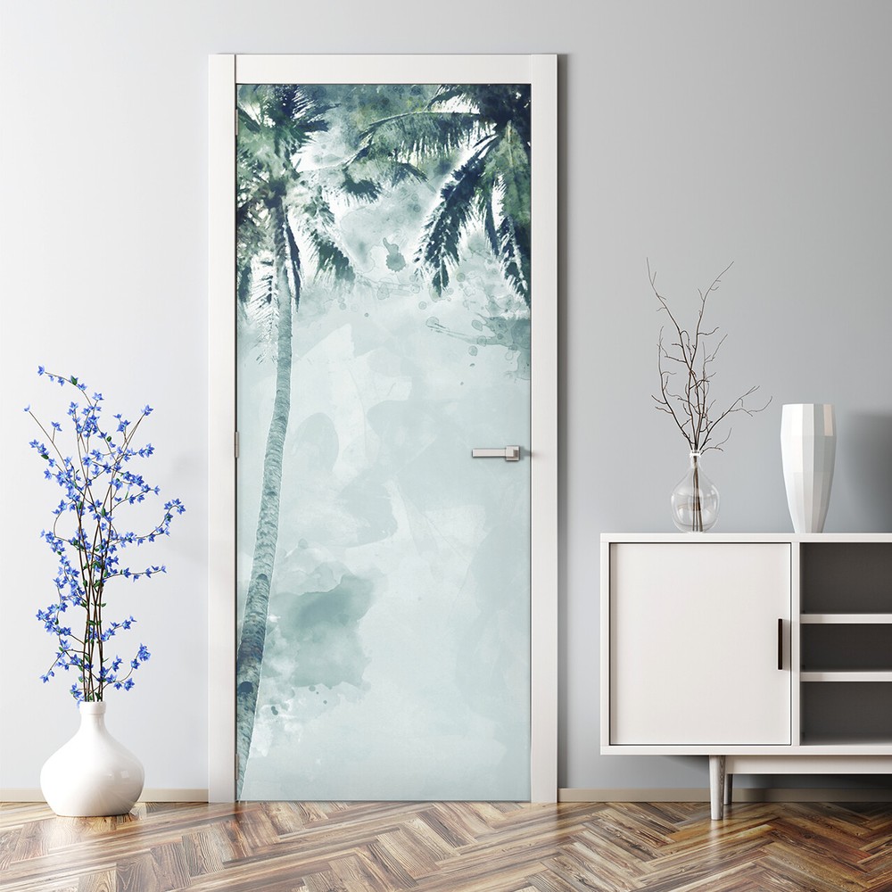 Door Decal Coconut Palm Tree In Green Tropic Abstraction Green Watercolour Art