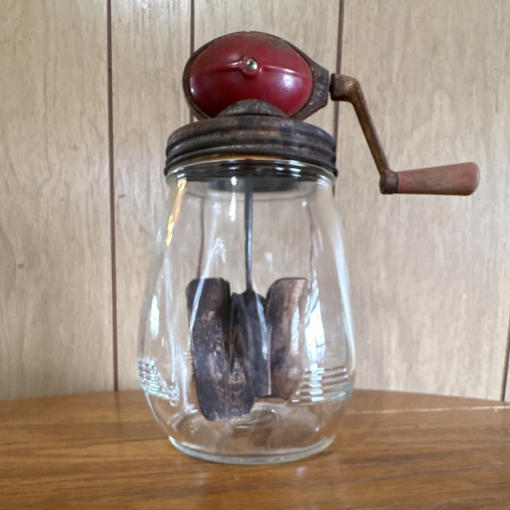 Antique Glass Hand-Crank Butter Churn Red Metal Top Wood Handle 13in