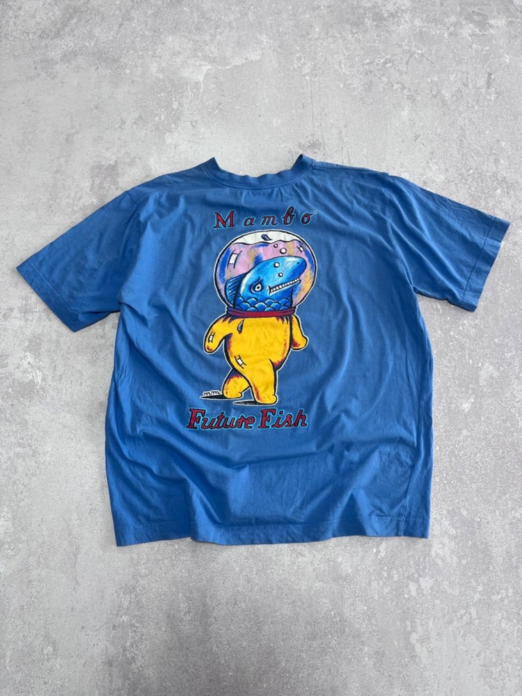 VTG 1998 Mambo Graphics Future Fish T-Shirt Medium Blue Reg Mombassa Surf Rare
