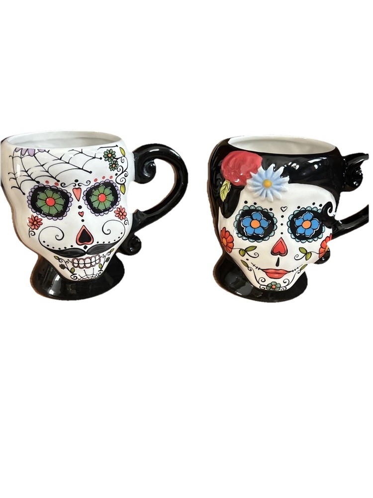 Cracker Barrel Sugar Skull Mug Set Day of the Dead Dia De Los Muertos Stoneware