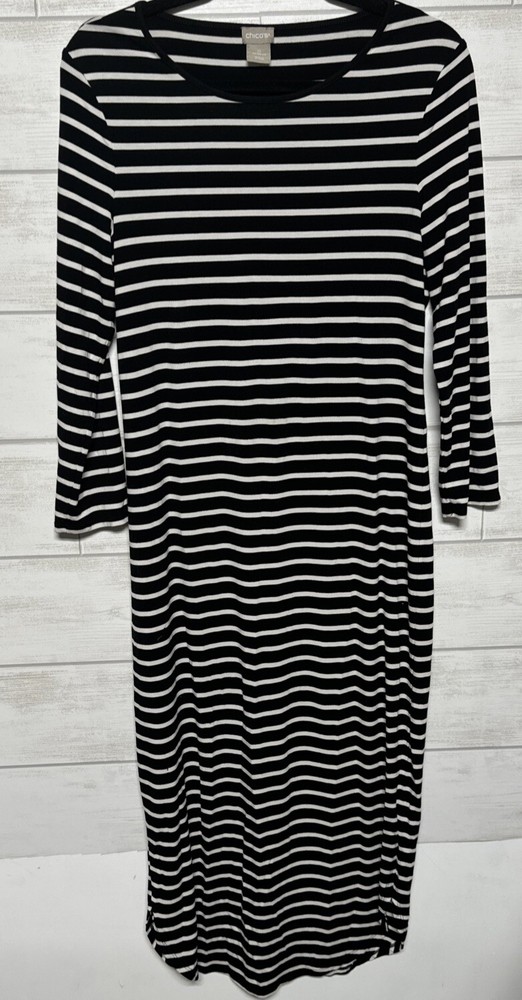 Chico's Dress Women's 0 Small 4/6 Black White T-shirt Dress Long sleeve Striped