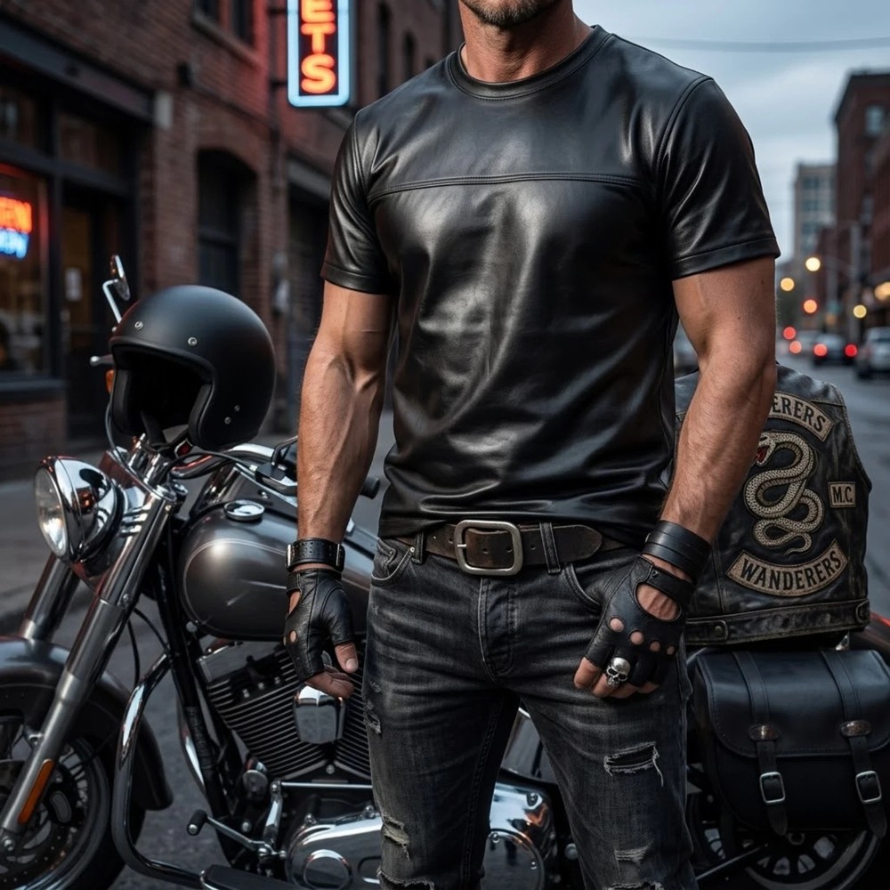 Men’s Genuine Leather T-Shirt Black Classic Leather