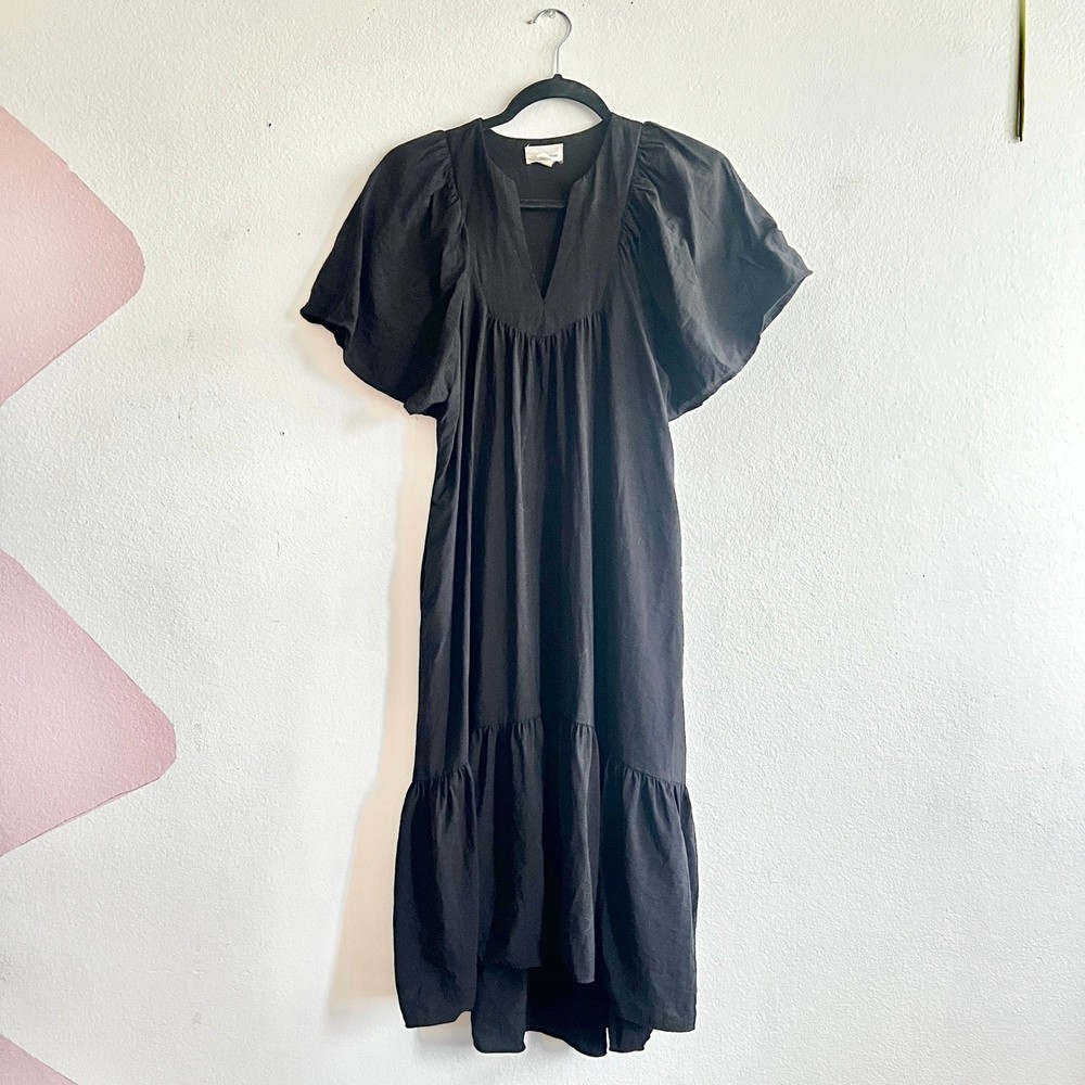 Anthropologie Tiered Maxi Dress Womens Black Classic Short Sleeve Size XS