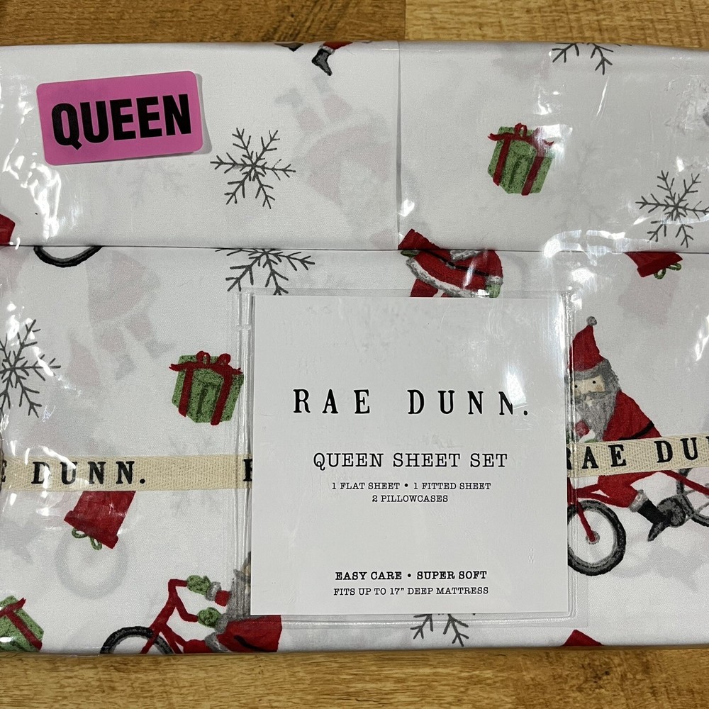 Rae Dunn Christmas QUEEN Size Sheets Set Santa Claus Gifts Snowflakes NEW NWT