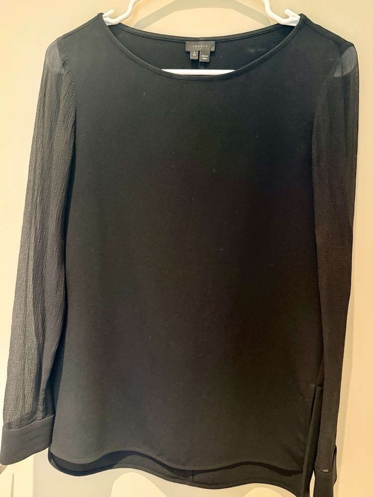 Theory Petite P Black Silk Chiffon Sheer Long Sleeve Round Neck Blouse