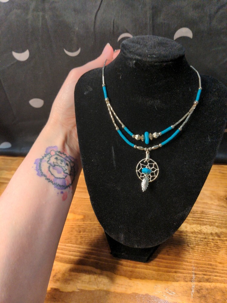 Turquoise and Beaded Dream Catcher Necklace - Silver