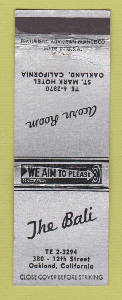 Matchbook Cover - The Bali Acorn Room Oakland CA