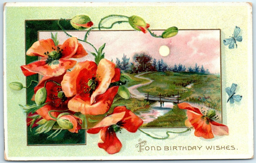 Fond Birthday Wishes - Greeting Card - Flowers and Landscape Scene Art Print
