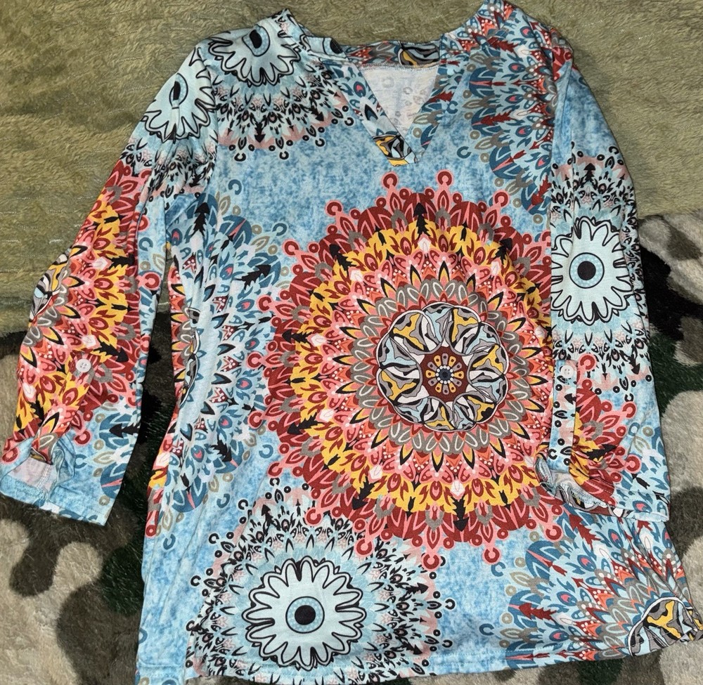 Geometric Print V-Neck 3/4 Sleeve Women's Tunic Blouse Multicolor Casual