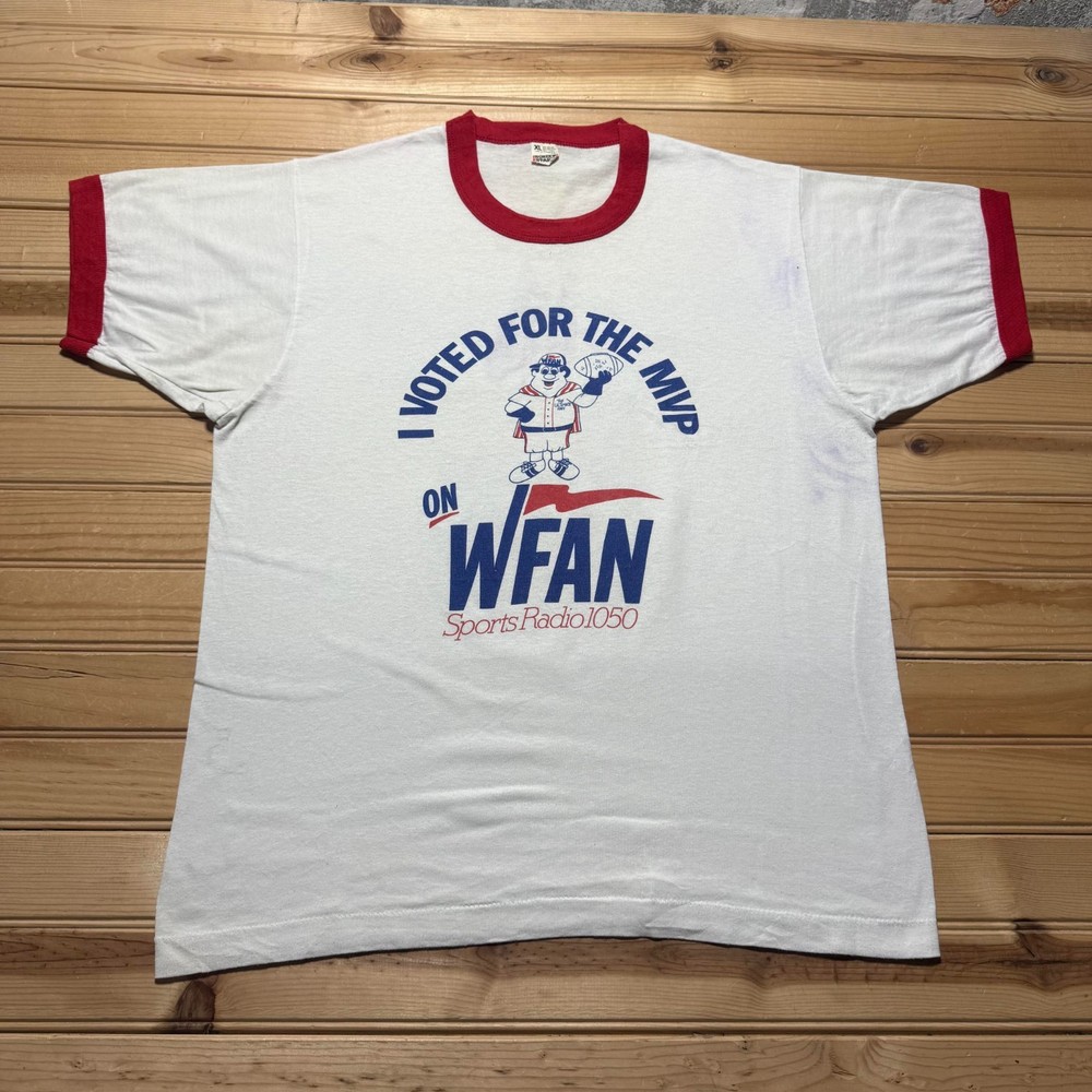 Vintage 80s WFAN Sports Radio 1050 Voted for the MVP Promo Ringer T-Shirt USA XL