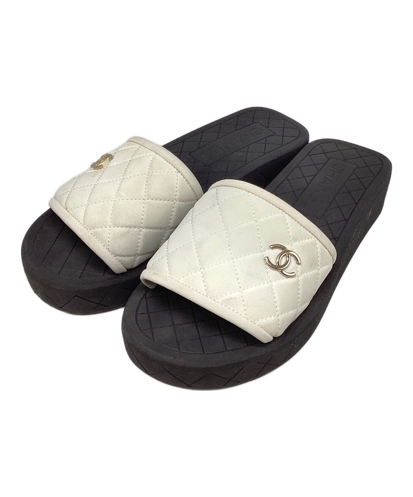 CHANEL White x Black Coco Mark Quilted Sandals US6 Auth From Japan RA
