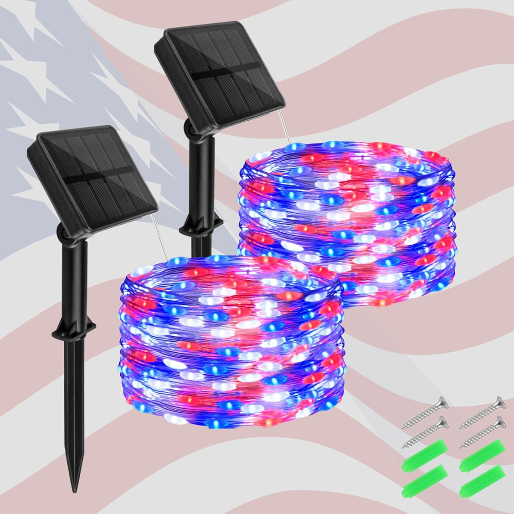 Red White and Blue Solar Fairy Lights for 4th of July Outdoor Decor 16ft Waterproof