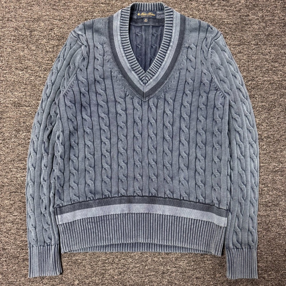 Brooks Brothers Supima Cotton Cable Knit V Neck Tennis Sweater Mens Sz M Blue