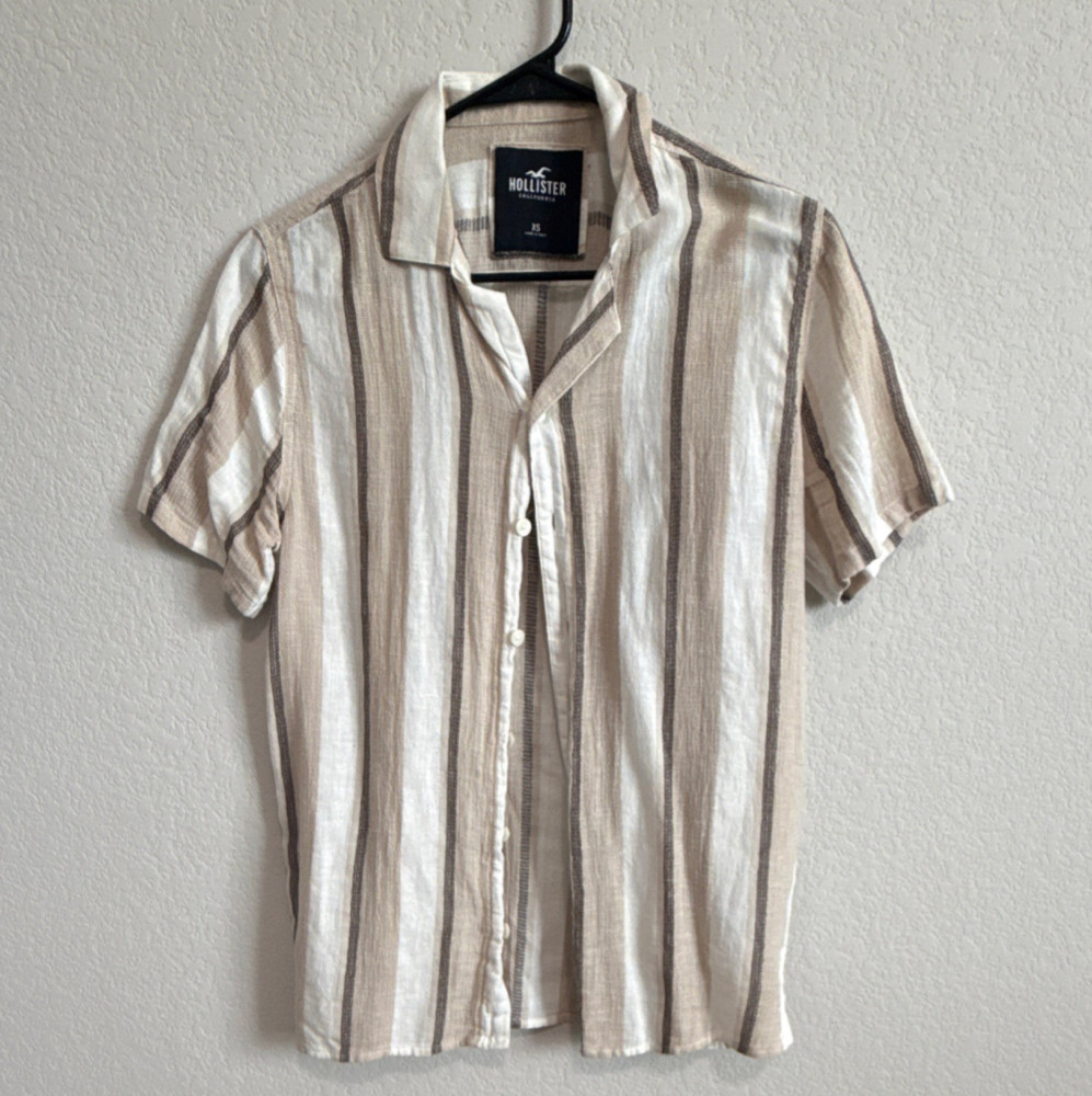 Hollister Men's Striped Short Sleeve Button-Up Shirt Beige White Brown Cotton XS
