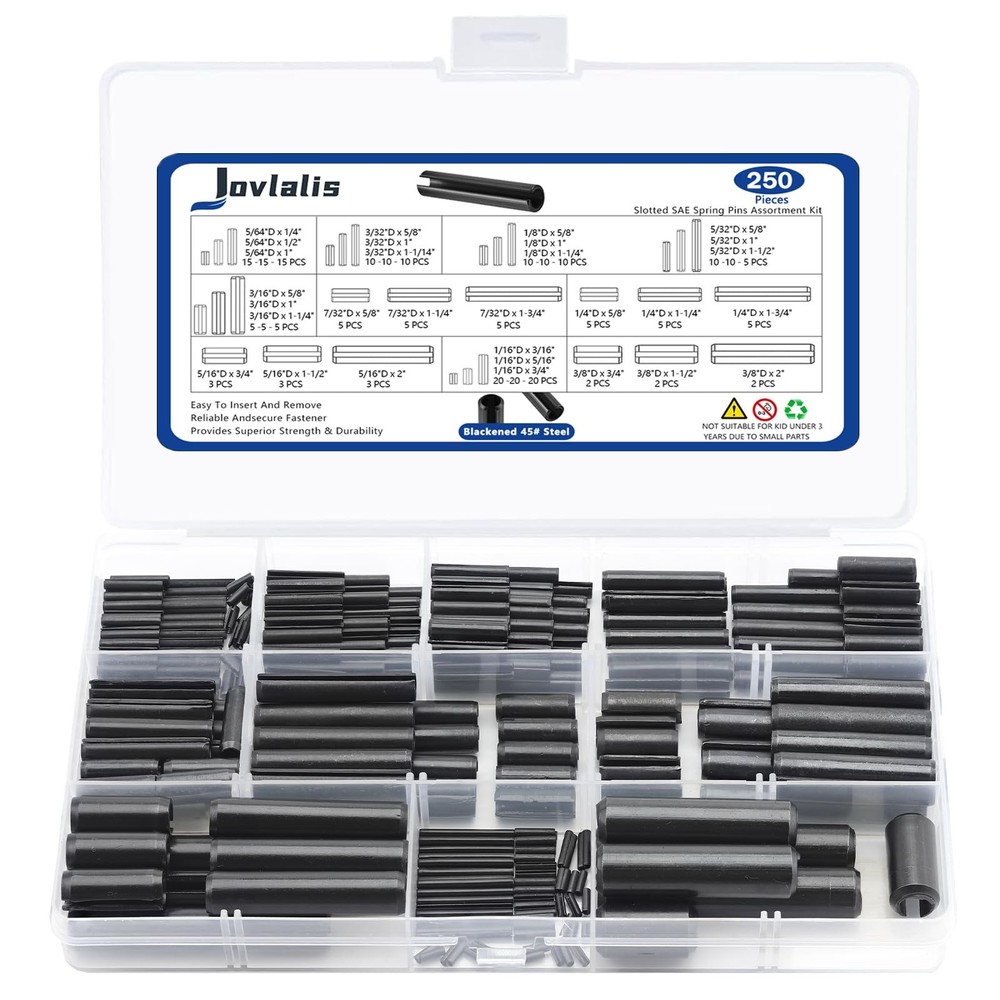250 Pcs Roll pin Assortment, SAE Roll Pin Set, Slotted Spring Pins, Steel Spl