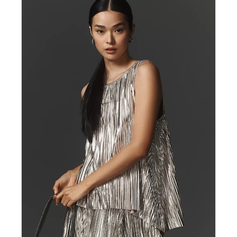 Anthropologie Pleated Silver Metallic Sleeveless Blouse Party Women's Medium