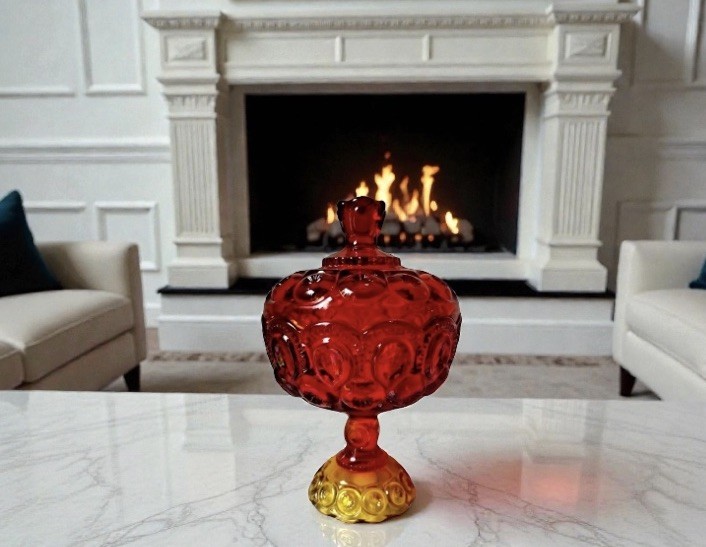 Vtg LE Smith Moon and Stars Amberina/Red Glass Lidded Compote Candy Dish 12” T