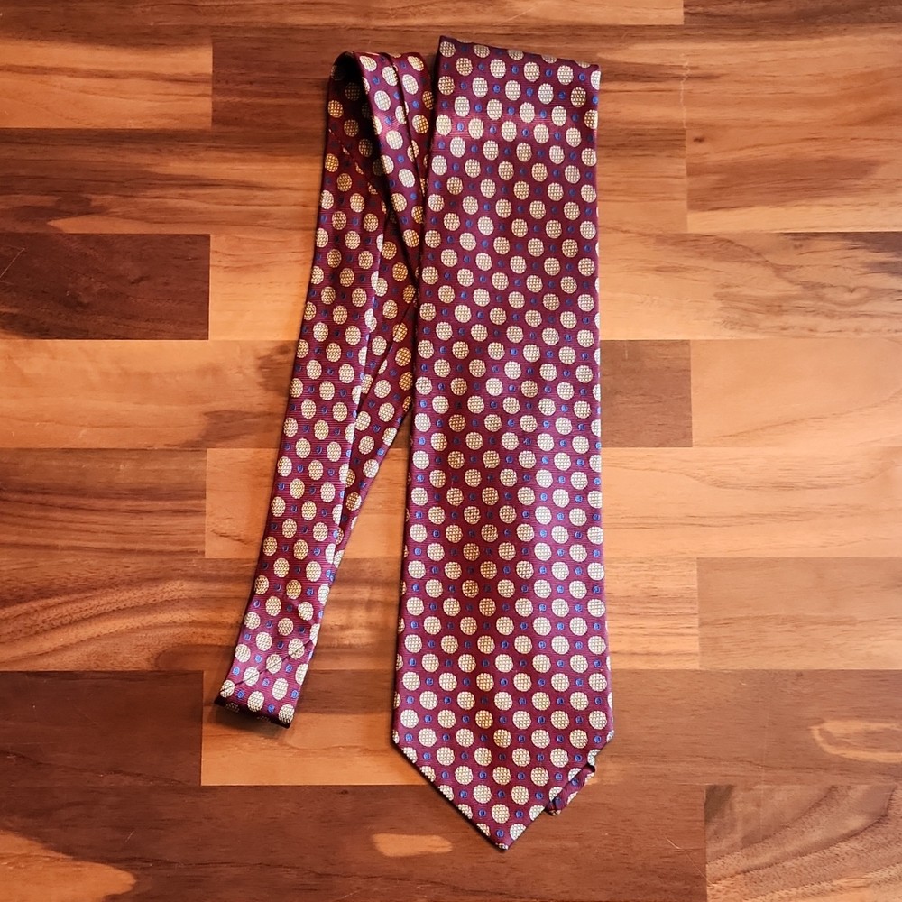 Robert Talbott Nordstrom Tie Burgundy Gold Blue Polka Dot Hand Sewn