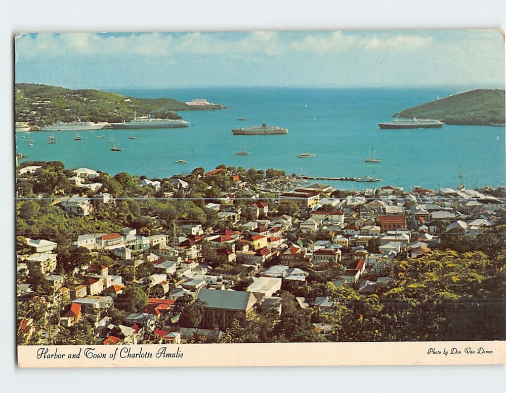 Postcard Aerial View Harbor Town Charlotte Amalie St. Thomas US Virgin Islands