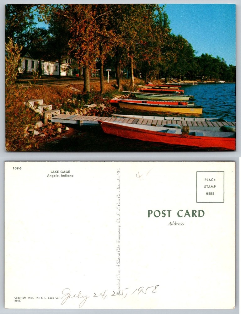 Vintage Lake Gage Angola Indiana Postcard L.L. Cook Chrome 1957 Row Boats