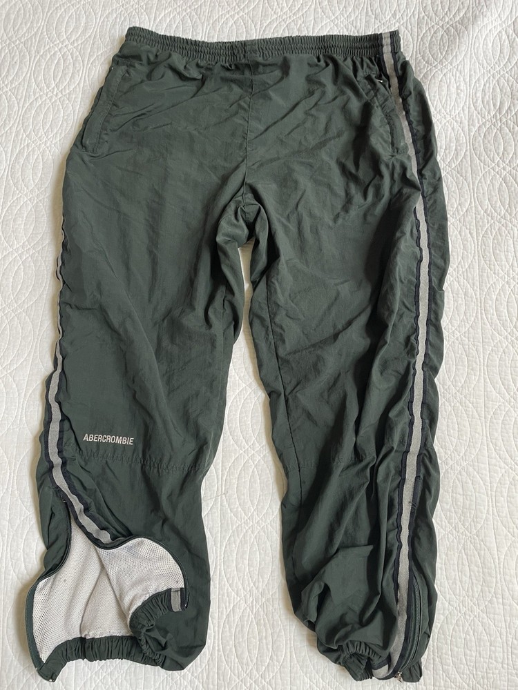 Y2K VTG Abercrombie Mens Track Pants XL Green Lined Nylon Wind Zip Ankle Baggy