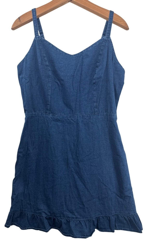 Vintage Old Navy Dress Sz L Blue Denim Y2K Babydoll Sundress Halter Ruffle-Hem