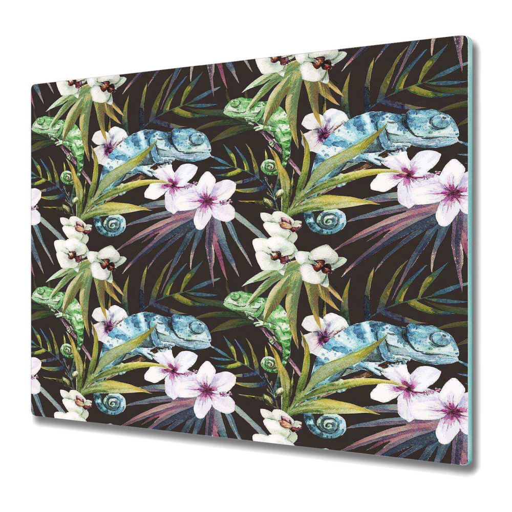 Glass Cutting Board Exotic Chameleon Jungle Tropical Exotic Leaves 60x52