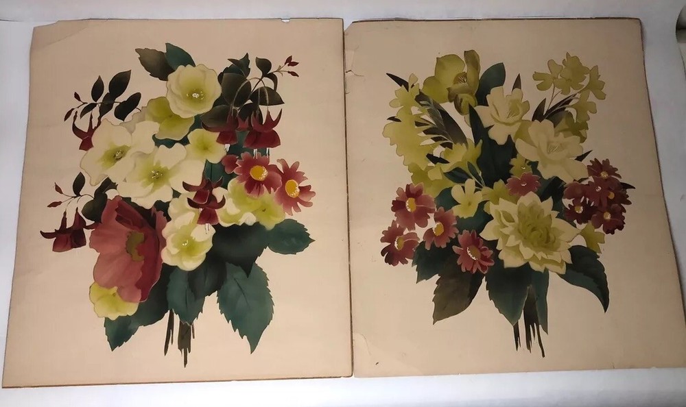 Pair of Vintage Bernard Picture Co. Flower Bouquet Lithographs 20th C. Wall Art