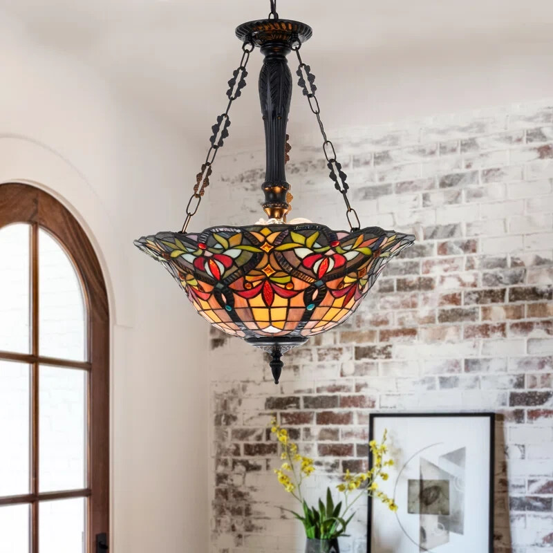 3-Light Tiffany Geometric Chandelier Semi Flush Mount Stained Glass Pendant Lamp  
