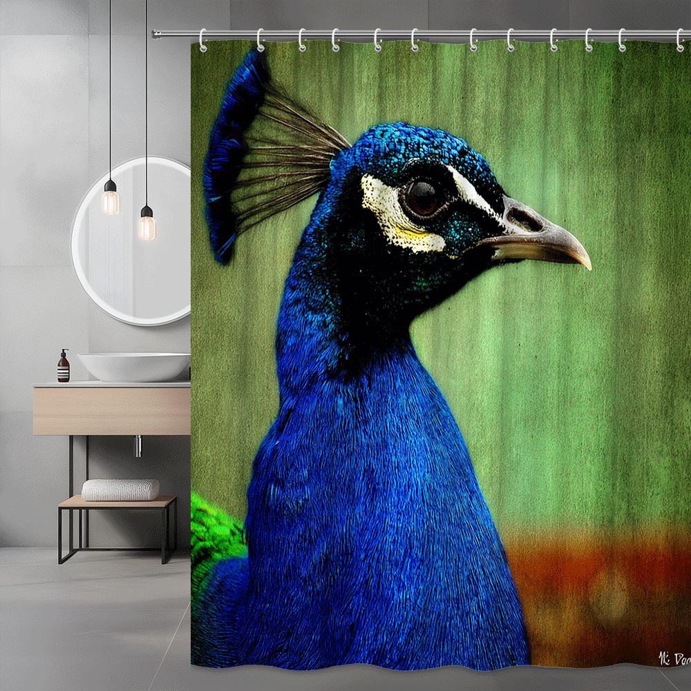 Peacock Shower Curtain Printed Bird Portrait Green Background
