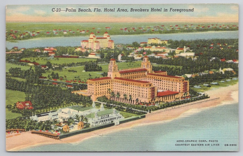 1949 Breakers Hotel Palm Beach FL Aerial Linen Postcard Curteich C.T