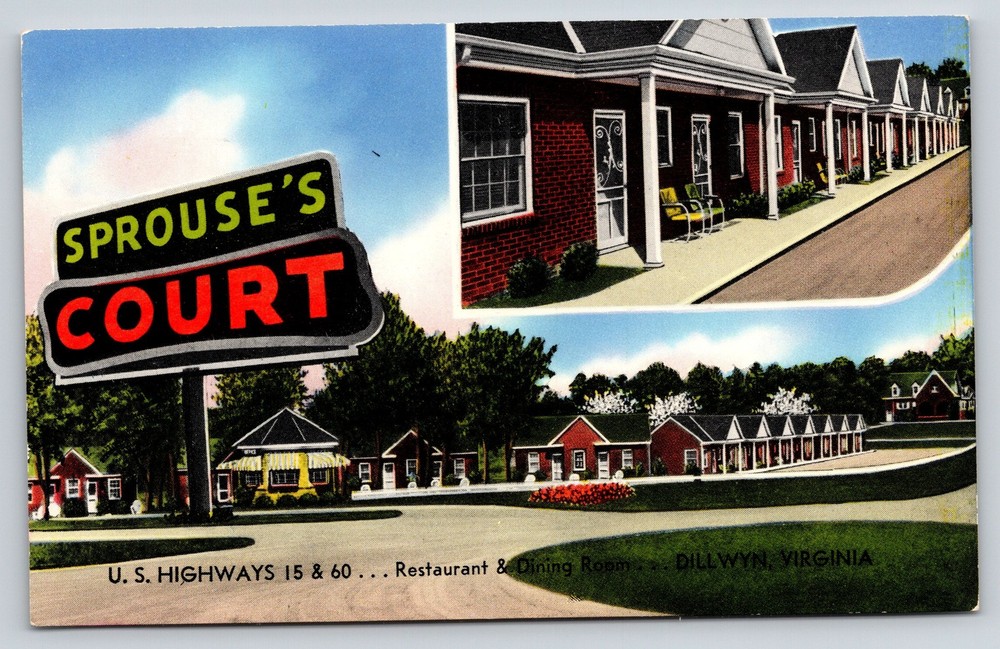 Roadside~Dillwyn Virginia~Sprouses Tourist Court~Sign~Restaurant~1950s Postcard