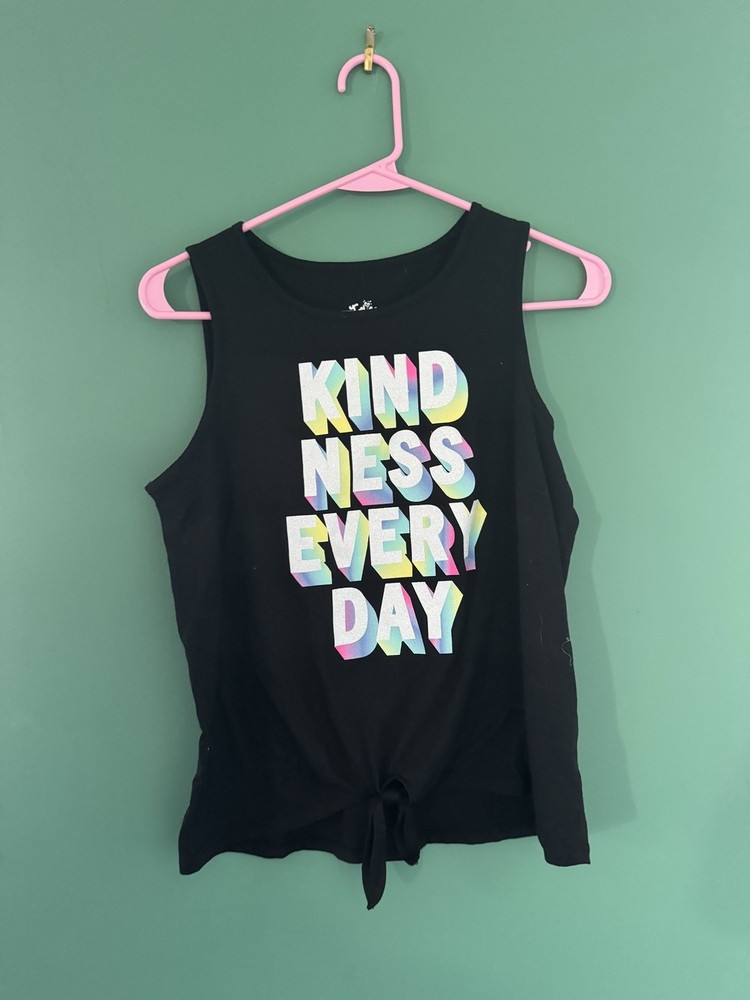 Justice Girls Black Tank Top Shirt Tie-Front “Kindness Every Day” Size 18/20
