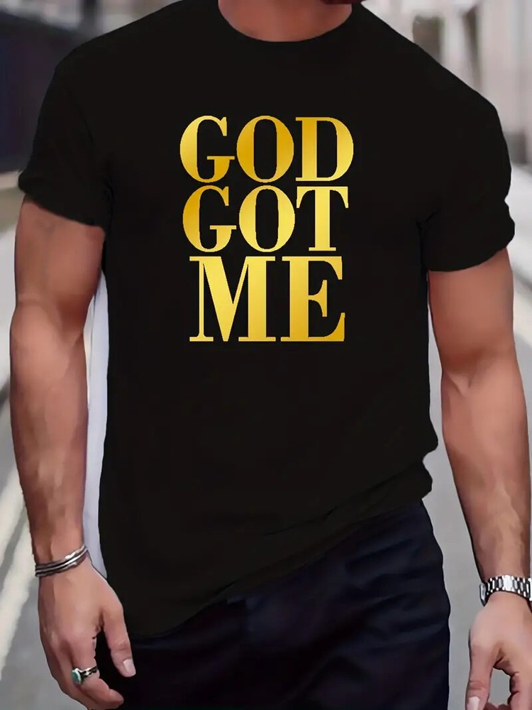 T Shirts God Got Me Graphic Print Black Gold Casual Short Sleeve Men Fashion Tee