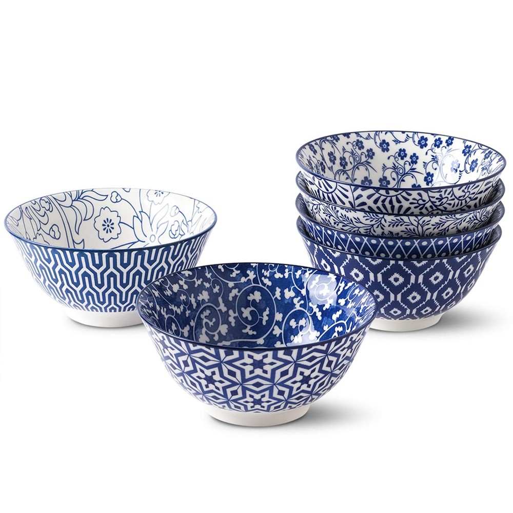 Blue and White Porcelain 20oz Cereal Bowl Set - Set of 6, 6 inch Soup Bowls, ...