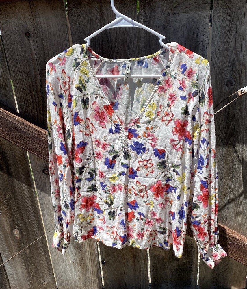 Stradivarius Multicolor Floral V-Neck Button Long Sleeve Blouse Women's M