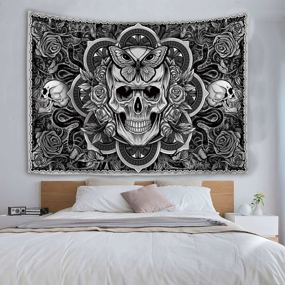 Trippy Gothic Skull Moth Snake Tapestry Wall Art 51x60 Dark Aesthetic Decor