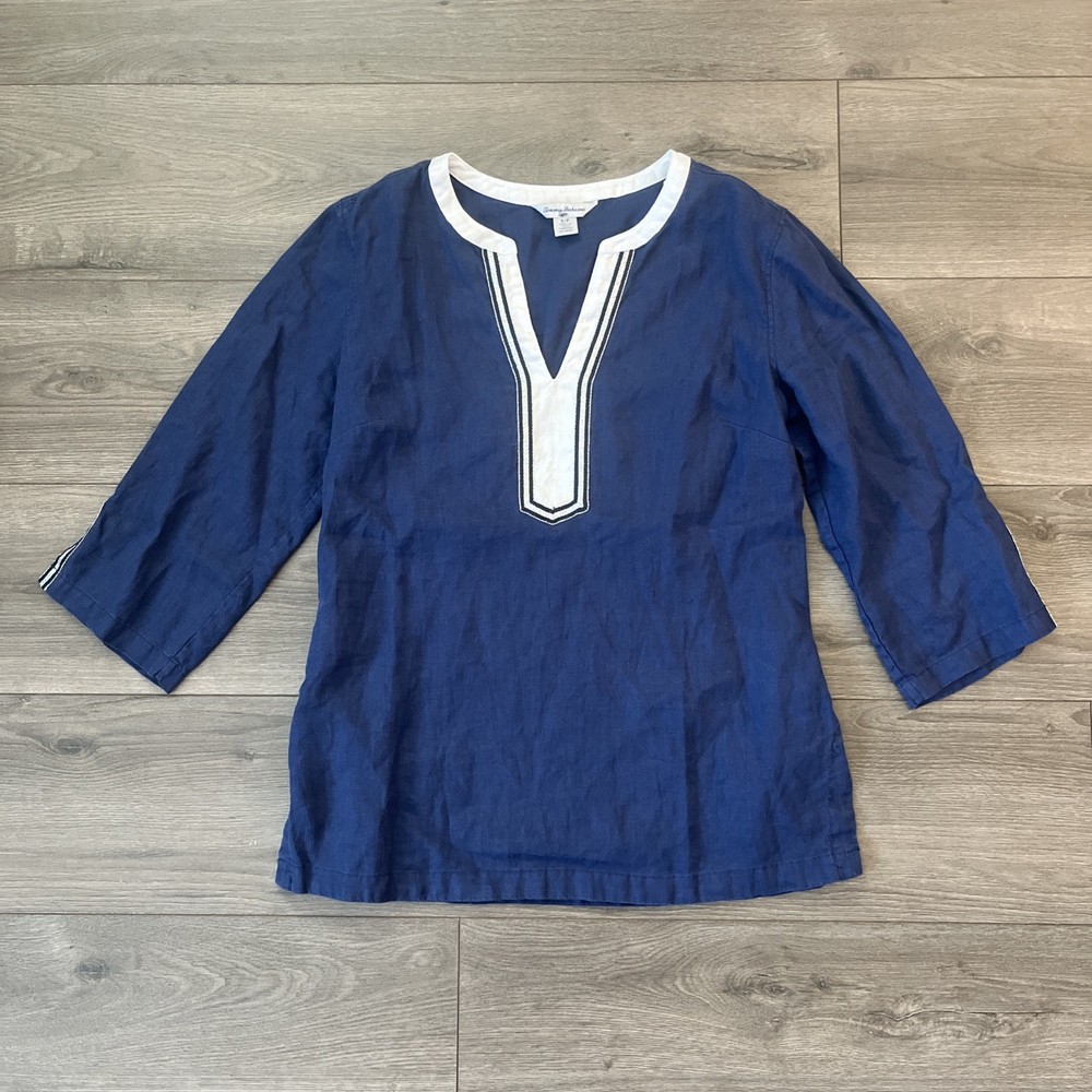Tommy Bahama Womens S Tunic Linen Pullover Shirt Blue 3/4 Sleeve