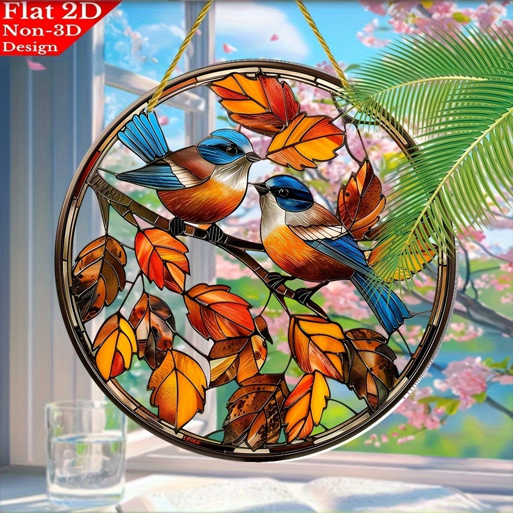 Vintage Bird & Autumn Leaf Sun Catcher 8in Acrylic Wall Decor