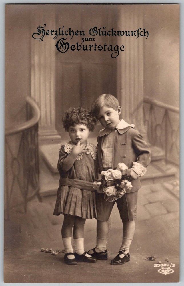 Antique Postcard Birthday Children Portrait DE 1910s