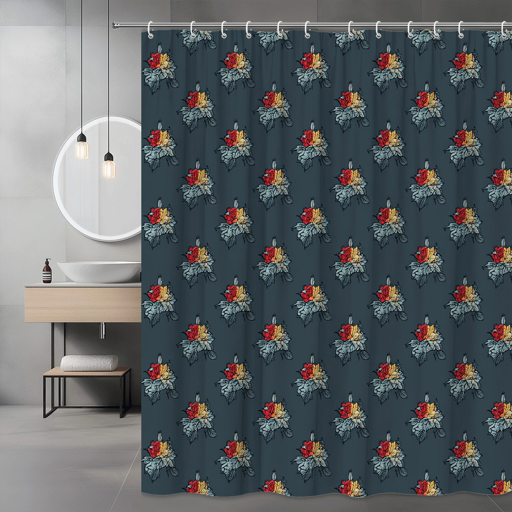 Floral Shower Curtain Navy Blue Red Yellow Print