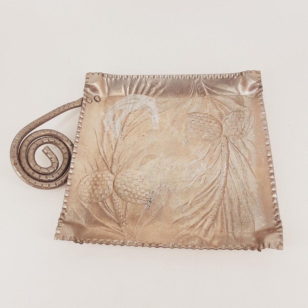 Vintage Hammered Aluminum Square Candy Dish with Pine Cone Embossed Handle