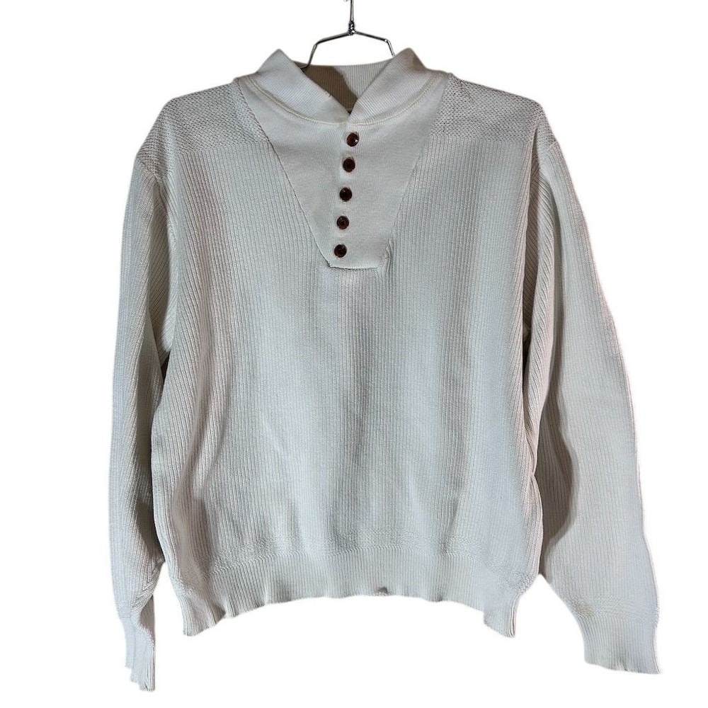 Vintage Lands' End Men's Ivory Henley Knit Sweater Size L Long Sleeve