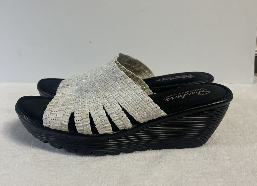 Skechers White Metallic Wedge Sandals Slip-On Size 7.5 EU 38 Memory Foam Comfort