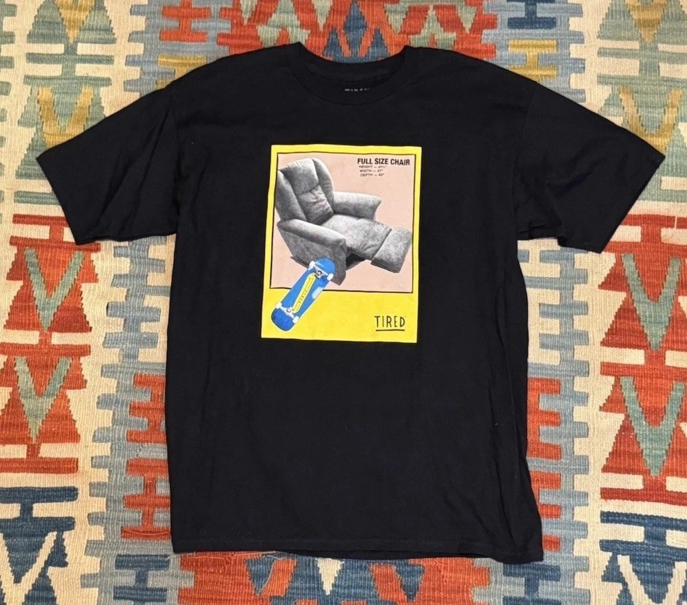 Tired Skateboards Piet Parra Chair Tee Men’s Size Large Black Skate Mental RARE