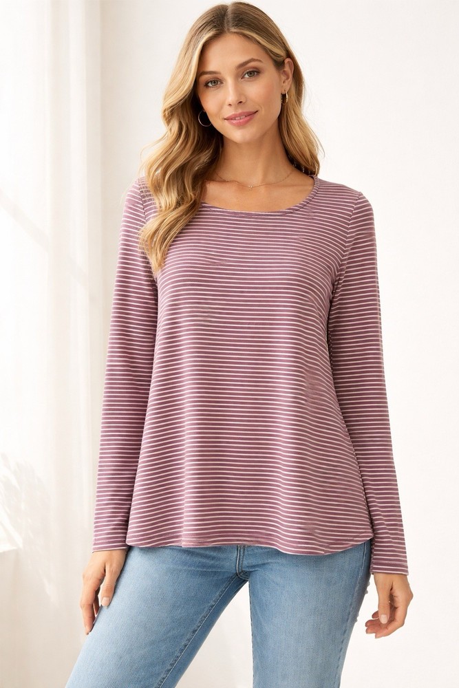 STACCATO Shirt Women's Size Medium  Purple White Striped Long Sleeve Soft Cozy