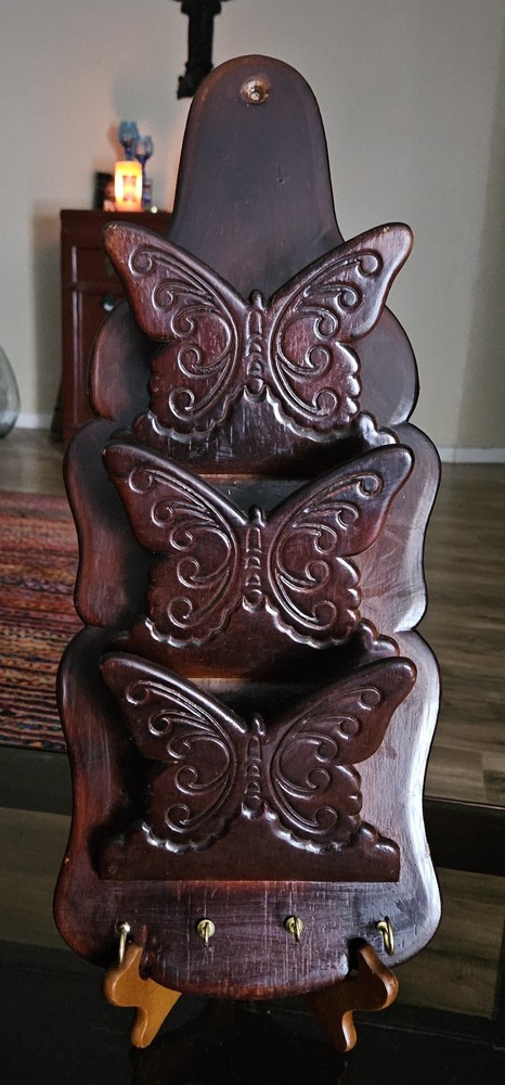 Carved Wood Butterfly Mail & Key Holder Wall Decor 19.5